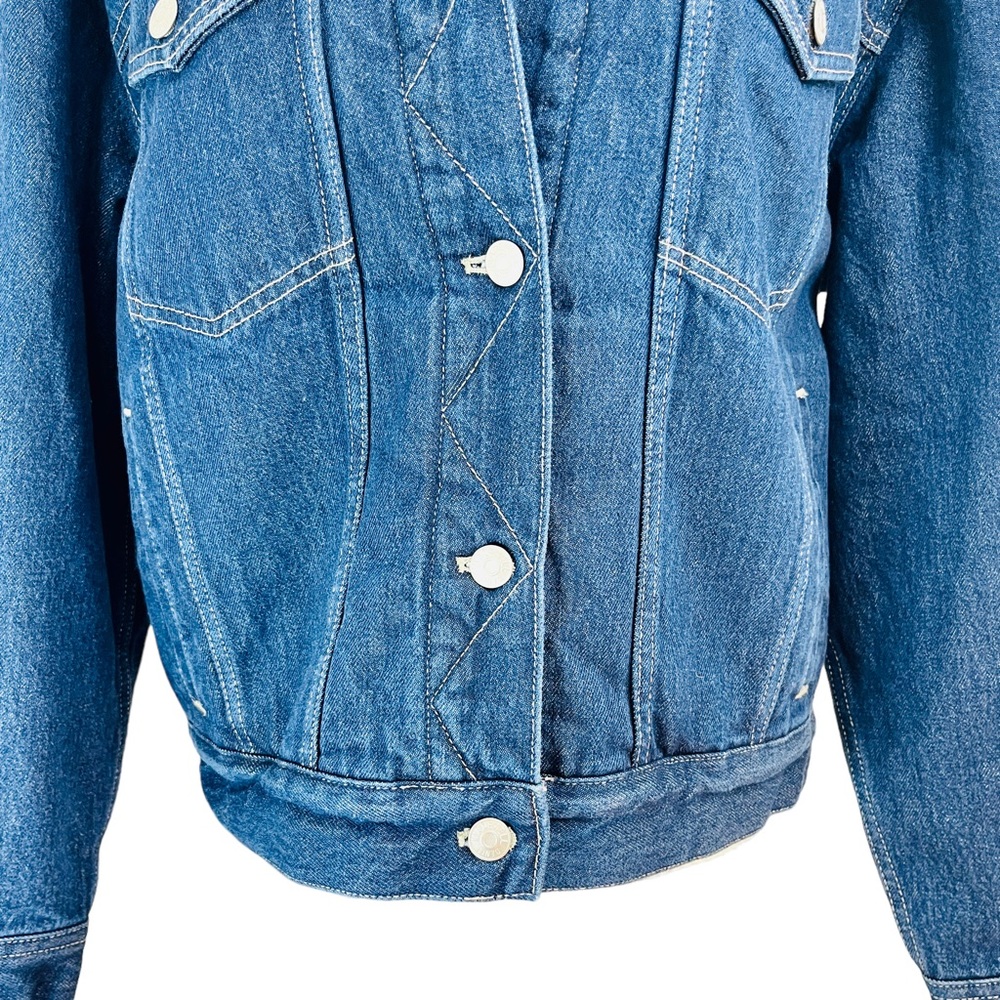 MADEWELL Blue Oversized Trucker Jean Denim Jacket Sherpa Lined Cropped XL NWT - Picture 8 of 15